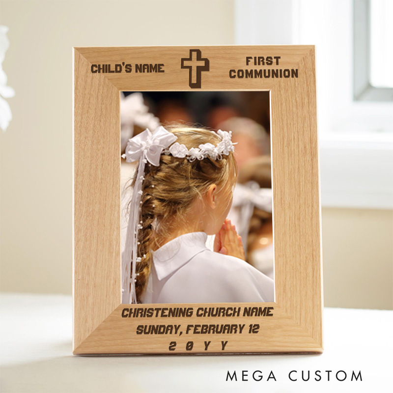 Personalized Modern Cross First Communion Wooden Picture Frame with Name Religious Gift Christian Gift First Communion Gift