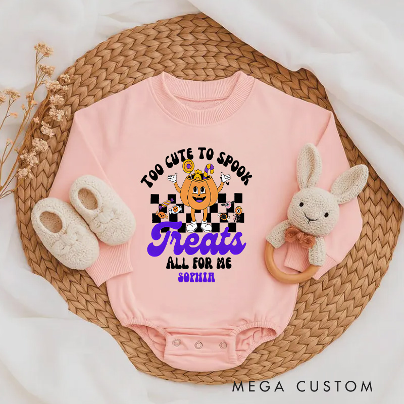 Personalized Too Cute to Spook Treats All for Me Baby Bodysuit with Pumpkin Character Design