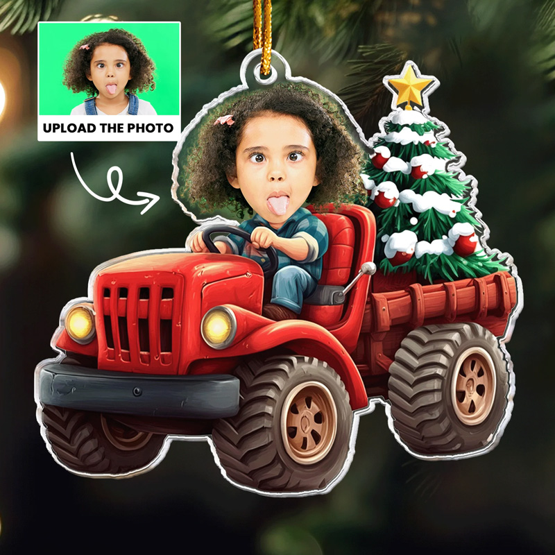 Personalized Kids Riding Red Truck with Christmas Tree Christmas Gift for Kids