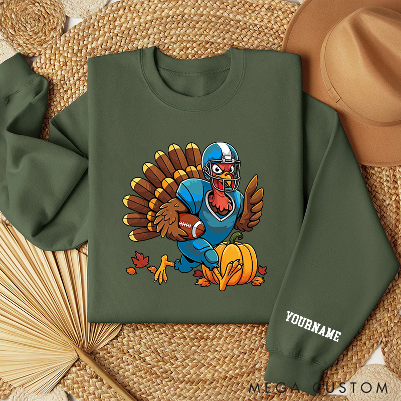 Personalized American Football Turkey Sweatshirt with Custom Name for Thanksgiving Day