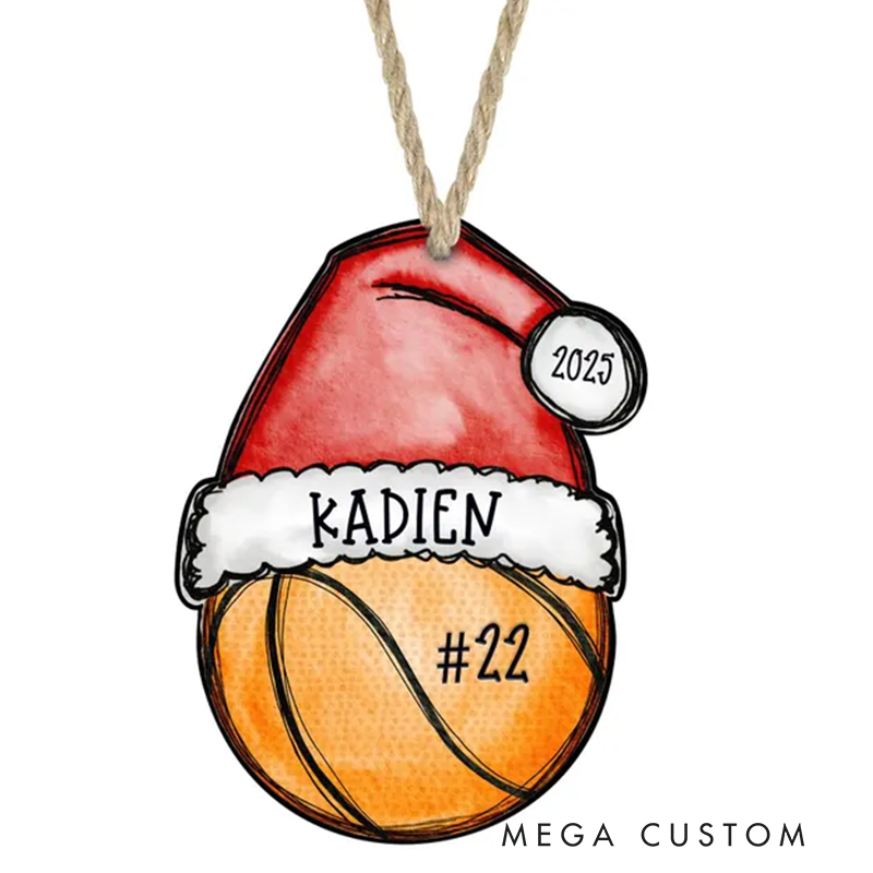Personalized Basketball Acrylic Christmas Ornament with Santa Hat, Custom Name, Number, and Year Design
