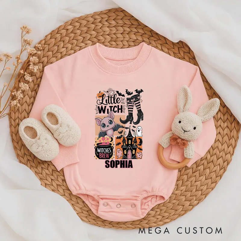 Personalized Little Witch Baby Bodysuit with Cute Cat and Broomstick for Halloween Adventures