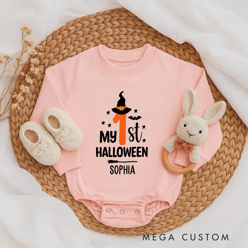 Personalized My First Halloween Baby Bodysuit with Witch Hat and Stars for Baby’s Special Celebration