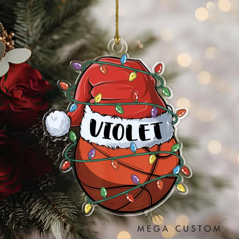 Personalized Basketball Acrylic Christmas Ornament with Santa Hat, Custom Name, and Festive Lights Design