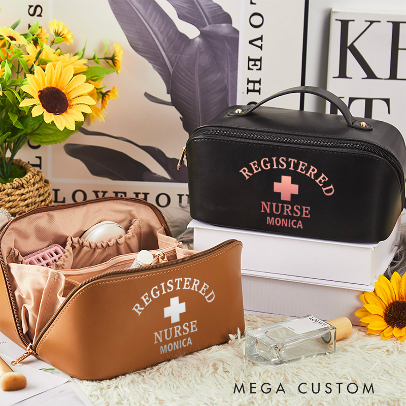 Personalized Leather Cosmetic Bag for Nurse Large Capacity Makeup Bag Leather Storage Organizer Gift