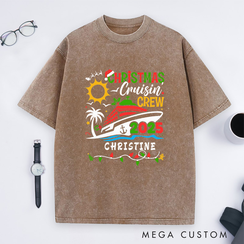 Personalized Christmas Cruisin'Crew Washed T-Shirt Family Christmas Cruise T-Shirt Gift for Outdoor Travel Lover