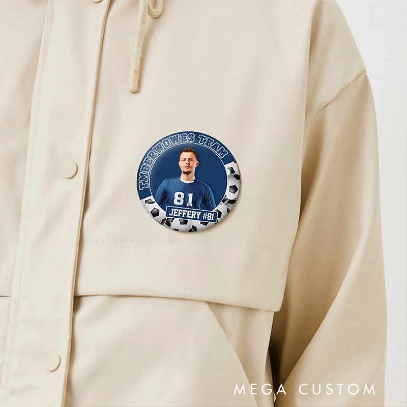 Personalized Soccer Button Pin with Custom Team Name, Player Name, Photo, and Number Design