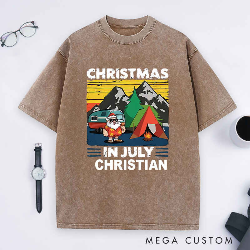 Personalized Christmas in July Washed T-Shirt Outdoor Tropical Camping Washed T-Shirt  Gift for Hiking Lover