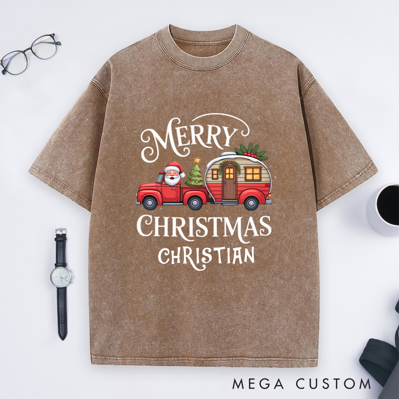 Personalized Merry Christmas Washed T-Shirt Outdoor Camping T-Shirt Gift for Adventure Hiking Lover