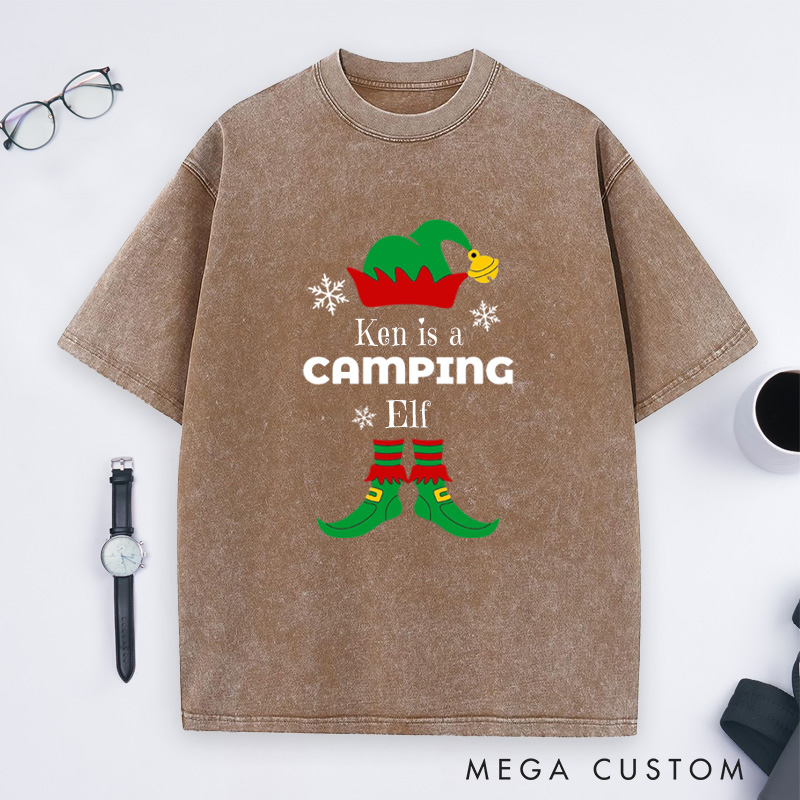 Personalized Camping Elf Washed T-Shirt Christmas Outdoor Adventure T-Shirt Gift for Hiking Lover