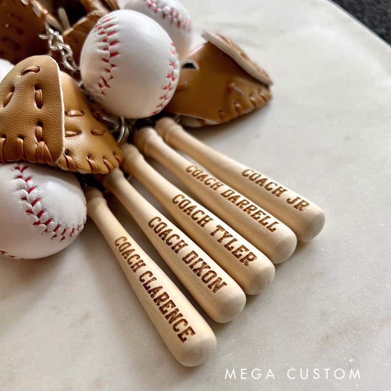 Personalized Baseball Keychain with Custom Name, Number, Glove, Bat, and Ball Charms