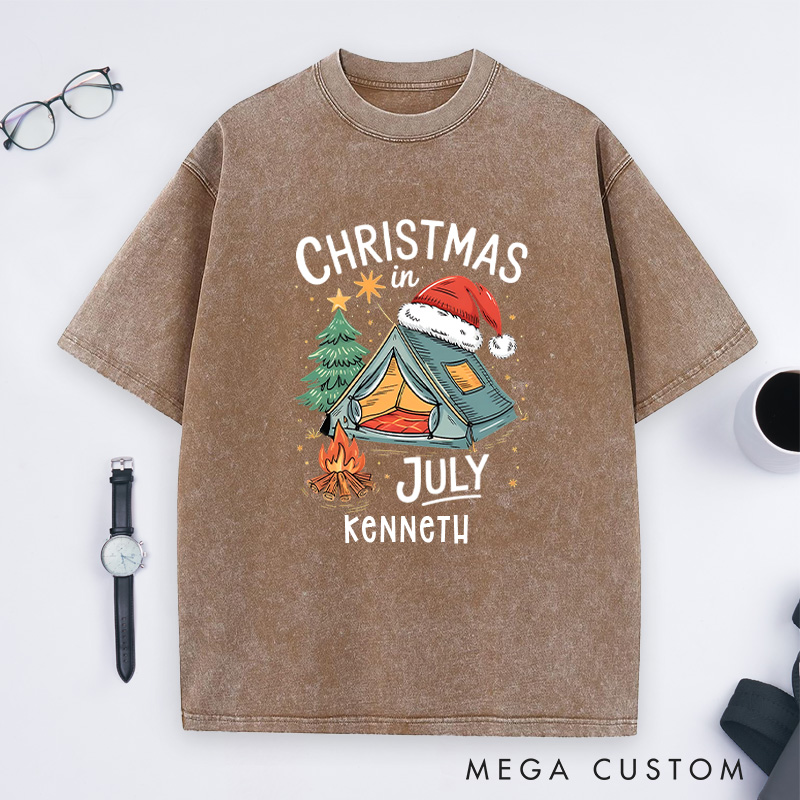 Personalized Christmas in July Washed T-Shirt Outdoor Camping Lover T-Shirt Christmas Gift for Hiking Lover
