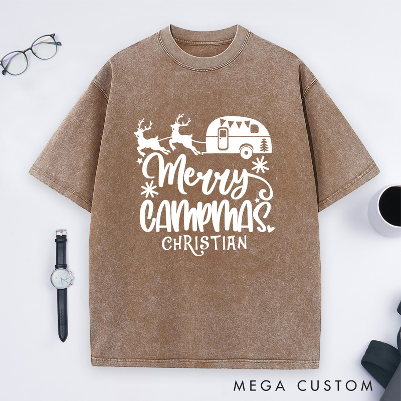 Personalized Merry Campmas Washed T-Shirt Outdoors Camping Christmas T-Shirt Gift for Hiking Lover