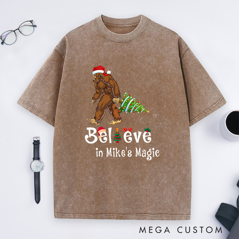 Personalized Bigfoot Adventure Christmas Washed T-Shirt Merry Christmas T-Shirt Gift for Hiking Outdoors Lover