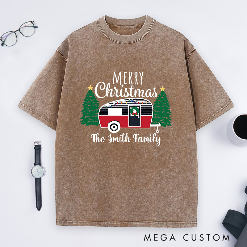 Personalized Cozy Camper Christmas Washed T-Shirt Merry Christmas T-Shirt Christmas Gift for Outdoors Lover