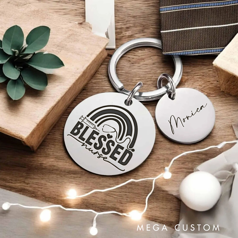 Personalized Nurse Stainless Steel Keychain Engraved Keychain Gift for Nurse Blessed Nurse Design Keychain