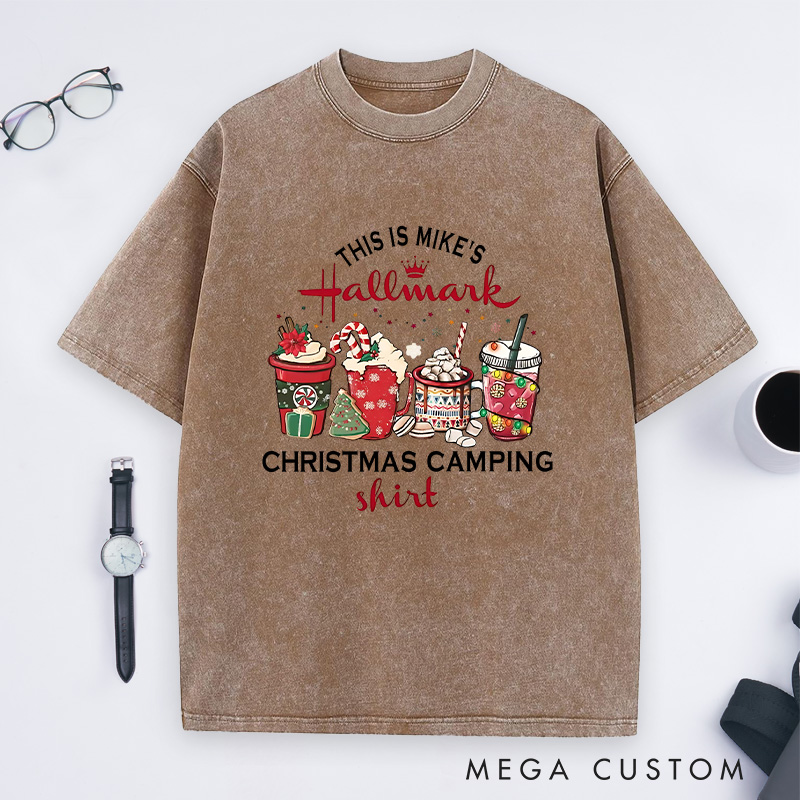 Personalized Christmas Camping Washed T-Shirt Holiday Spirit Shirt Gift for Outdoor Hiking Lover