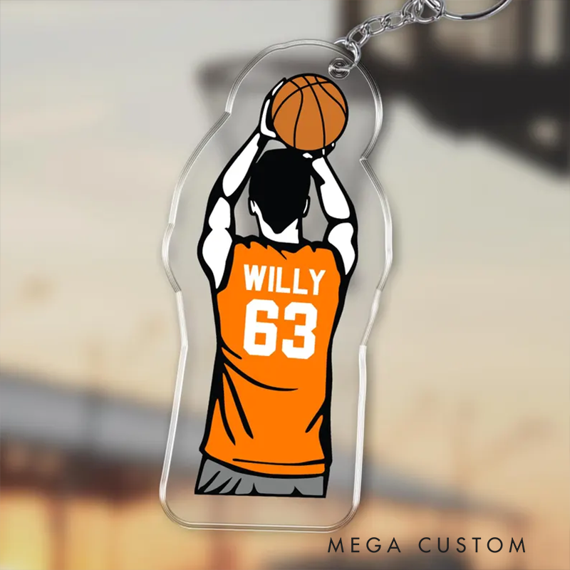 Personalized Basketball Keychain with Custom Name, Jersey Number, Shooting Pose, and Jersey Colors Design