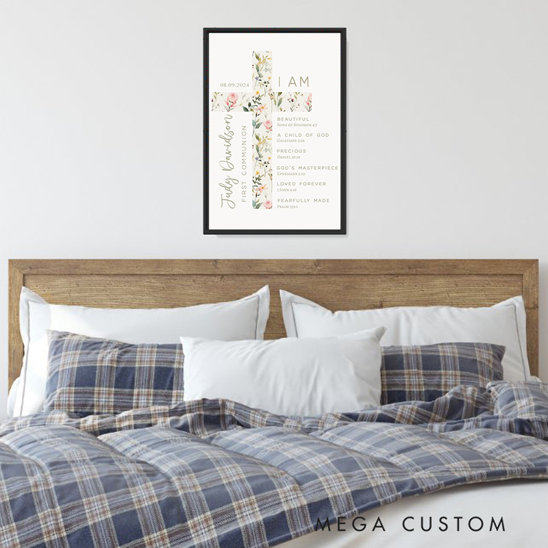 Personalized Cross Flower Bible Verse Framed Painting with Name and Text Wall Decor First Communion Gift for Girls