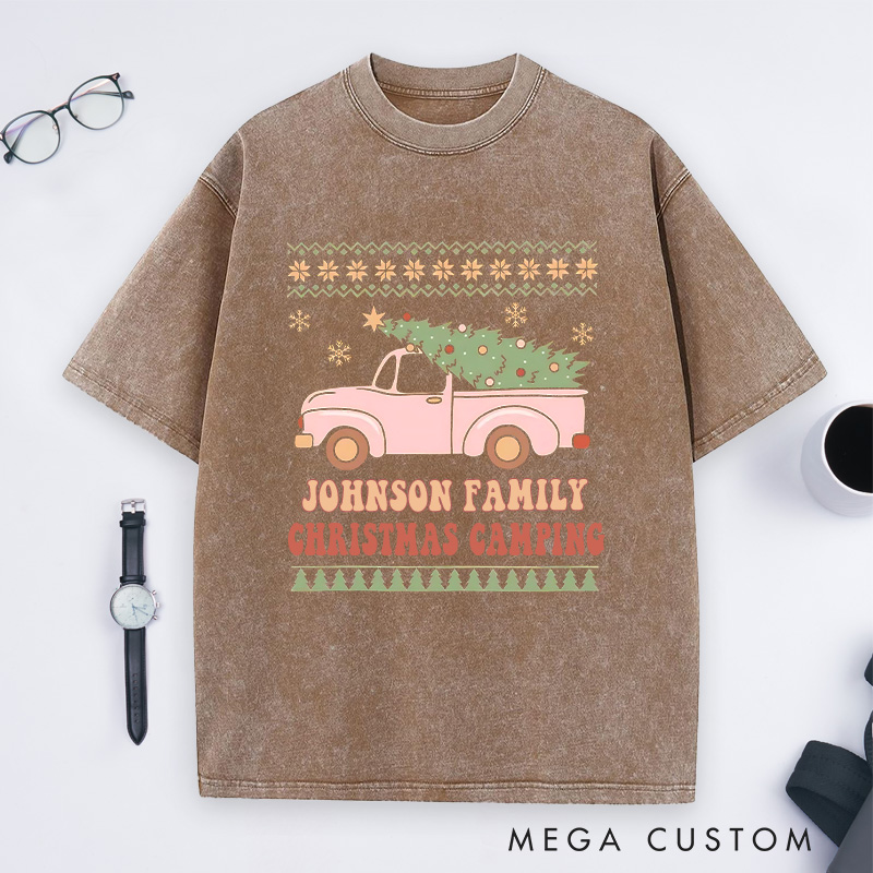 Personalized Family Christmas Camping Washed T-Shirt Outdoor Adventure Shirt Christmas Gift for Hiking Lover