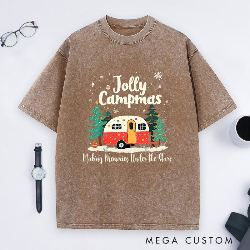 Personalized Jolly Campmas Washed T-Shirt Outdoor Camping Christmas Shirt Gift for Hiking Lover