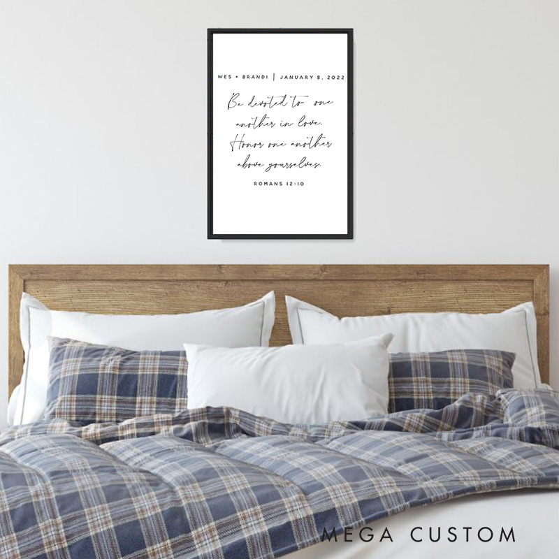 Personalized Romans 12:10 Bible Verse Framed Canvas Painting with Name and Date Religious Wall Art Gift Wedding Gift