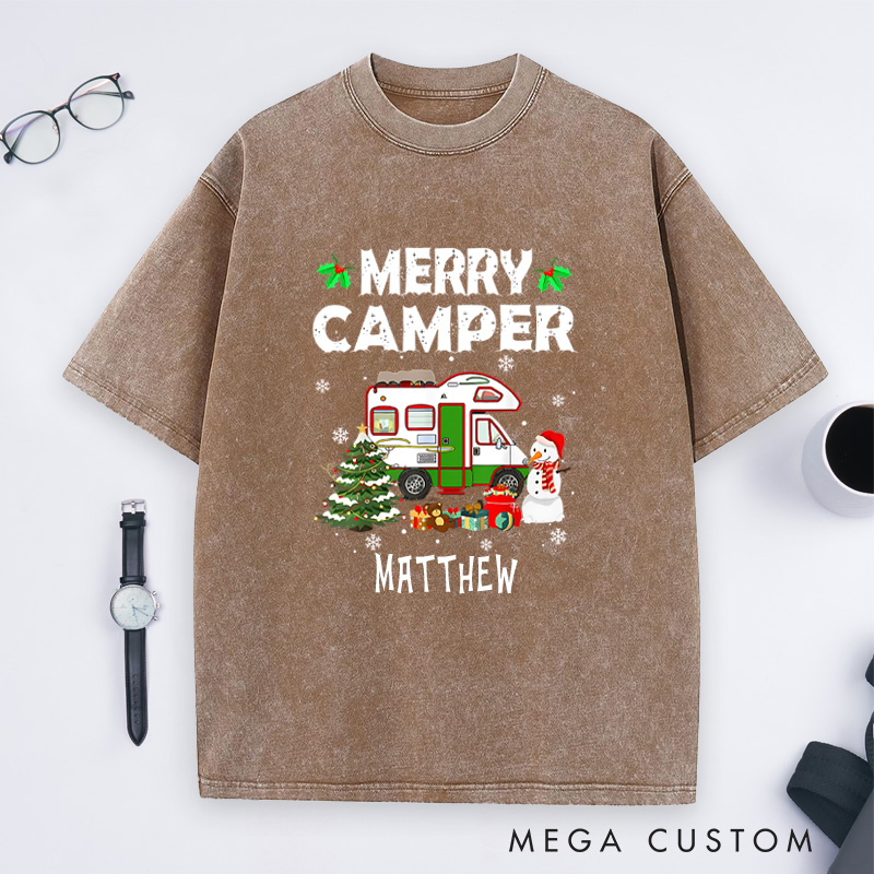 Personalized Merry Camper Washed T-Shirt Outdoor Camping Christmas T-Shirt Holiday Gift for Hiking Lovers
