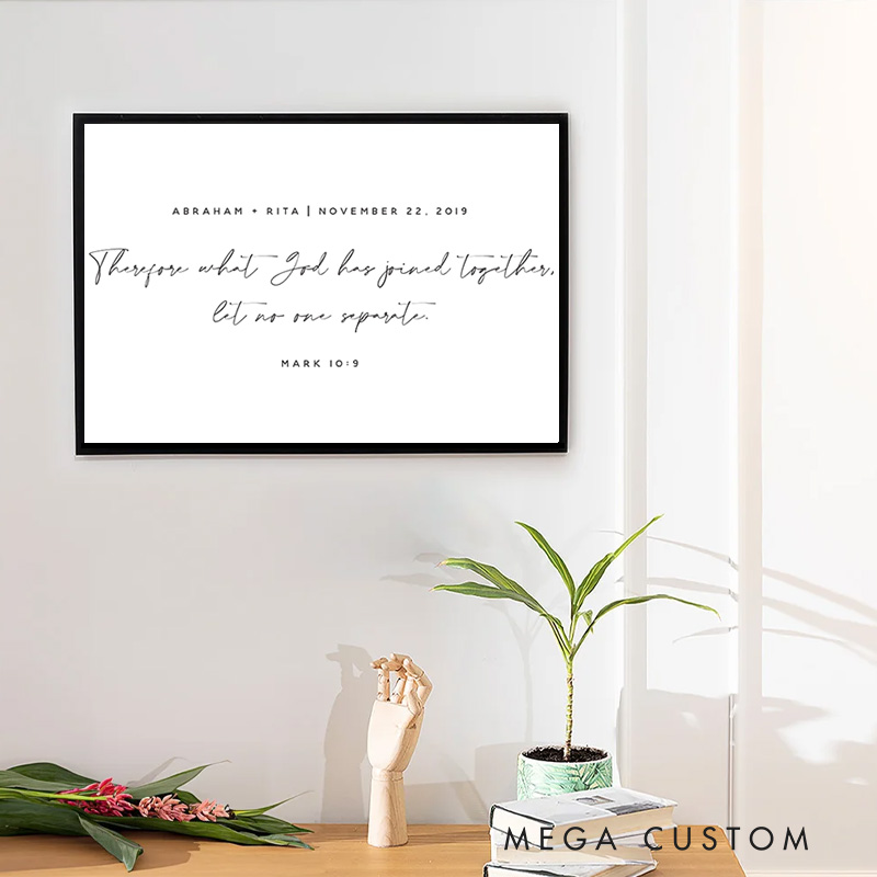 Personalized Mark 10:9 Bible Verse Framed Canvas Painting with Name and Date Religious Wall Art Gift