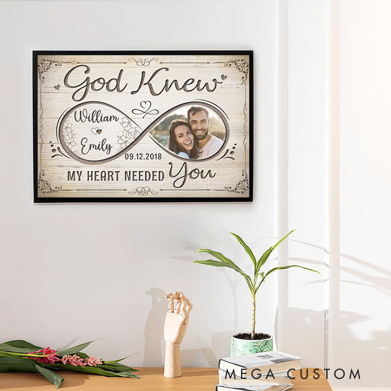 Personalized God Knew My Heart Needed you Framed Canvas Painting with Name Photo and Date Religious Wall Art Gift