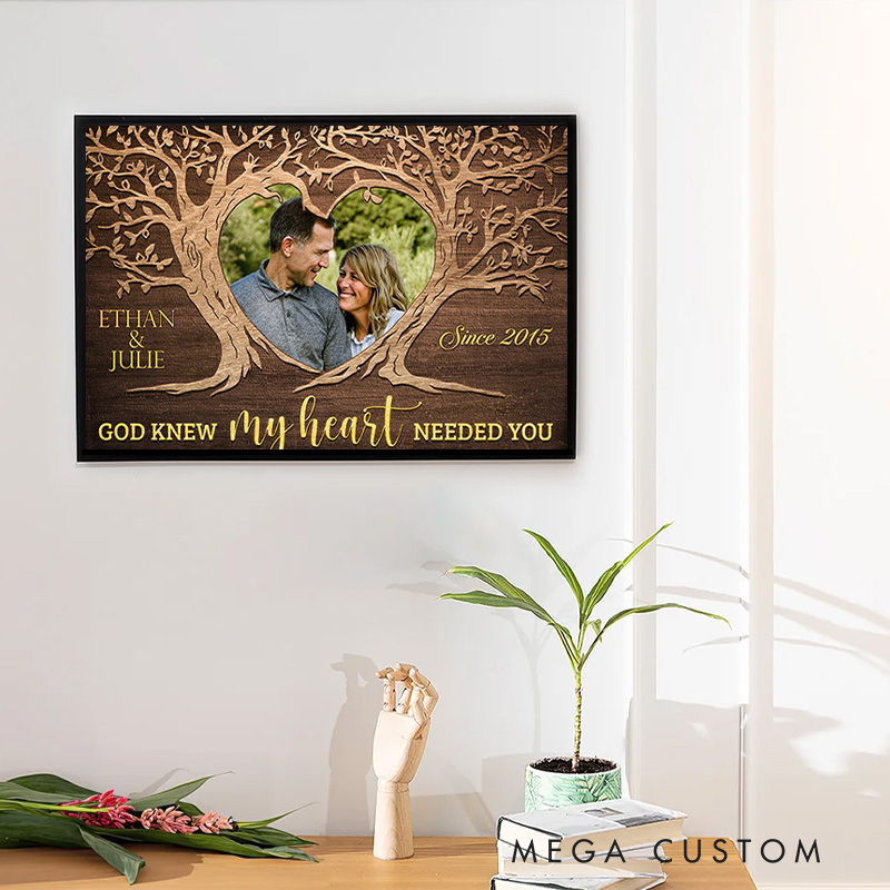 Personalized God Knew My Heart Needed you with Tree Design Framed Canvas Painting with Name and Photo Religious Wall Art Gift