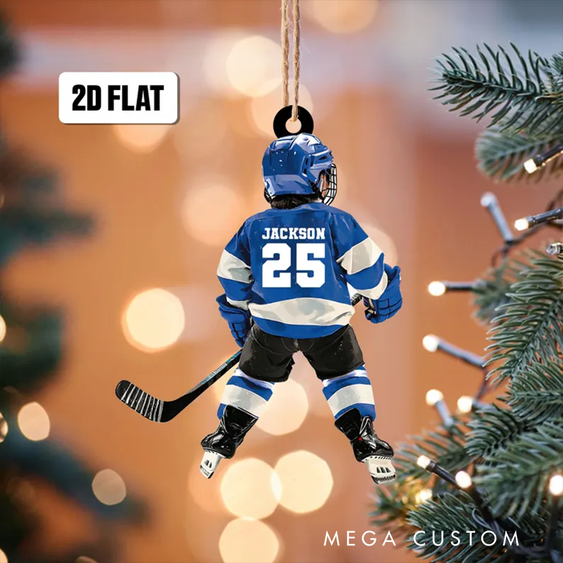 Personalized 2D Hockey Player Ornament with Custom Name, Number, and Jersey Colors