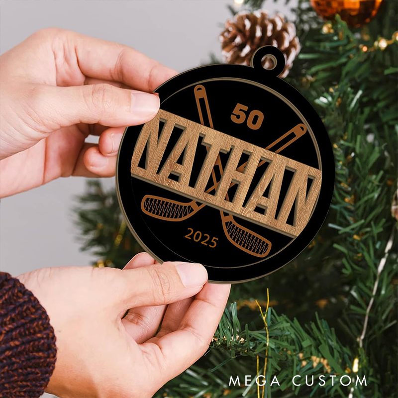 Personalized Hockey Ornament with Custom Name, Number, Year, and Crossed Sticks Design