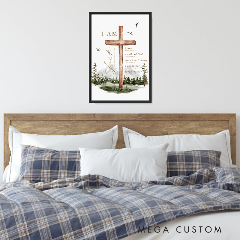 Personalized Cross Forest Bible Verse Framed Painting with Name and Text Wall Decor Christening Baptism Gift for Boys