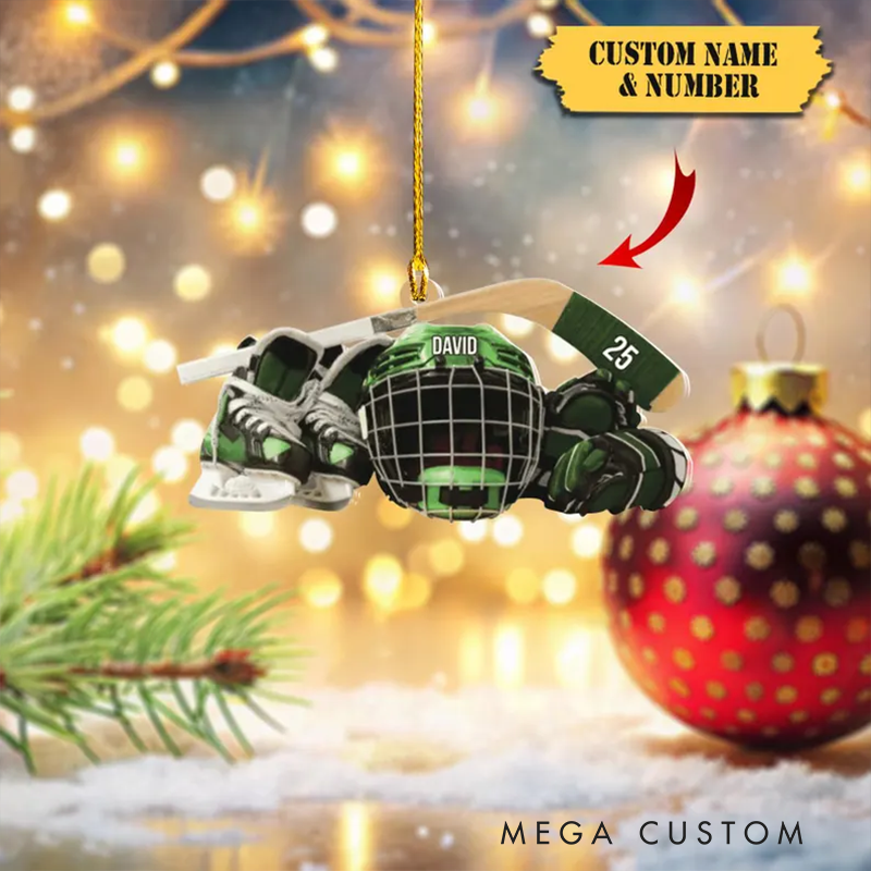 Personalized Hockey Ornament with Custom Name, Number, Gear Design, and Colors