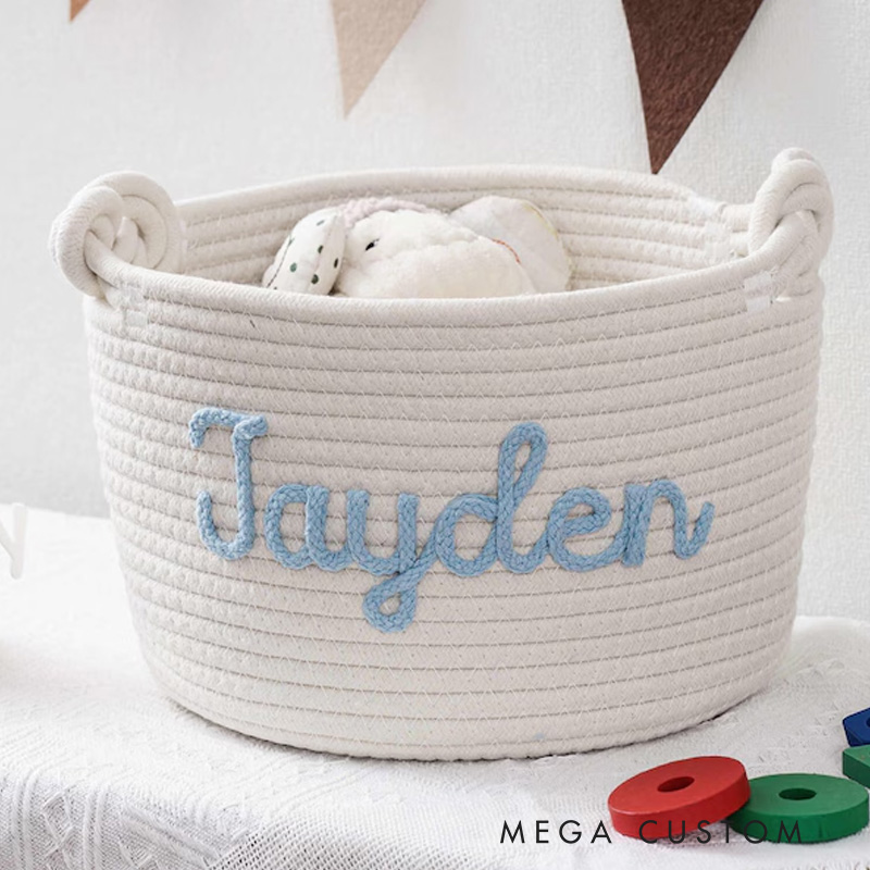 Personalized Monogrammed Nursery Name Basket Rope Basket for Baby Newborn Keepsake Baby Shower Hamper Gift for New Parents