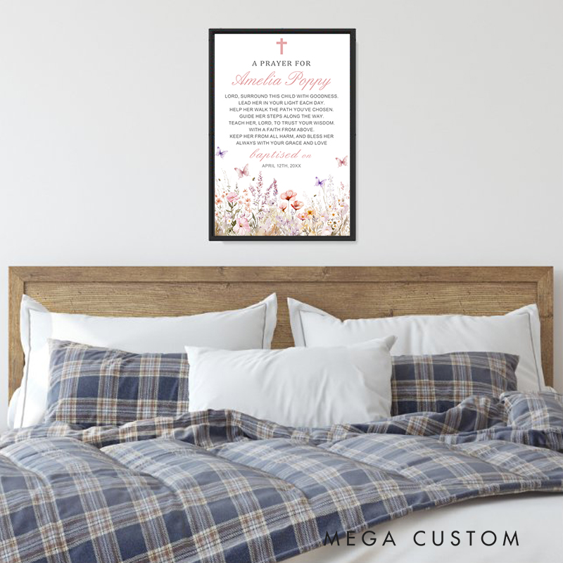 Personalized Baptism Prayer Art Wildflower Framed Painting with Name and Text Wall Decor Baptism Christening Gift for Girls