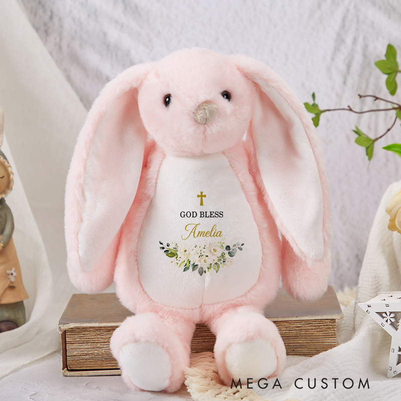 Personalized God Bless Stuffed Bunny Plush Toy with Name Birthday Baptism Gift for Babies
