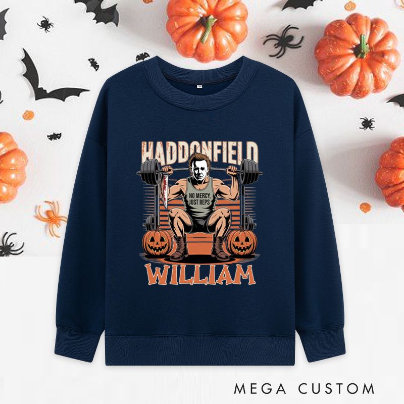 Personalized Halloween Classic Sweatshirts with Fierce Weightlifting Character Pumpkins Sweatshirts Gift for Fitness Enthusiasts Bodybuilders and Gym Lovers