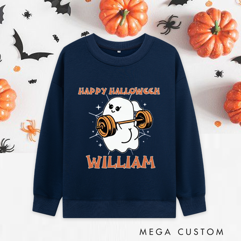 Personalized Halloween Classic Sweatshirts with Adorable Ghost Lifting Barbell Sweatshirts Gift for Fitness Enthusiasts Bodybuilders and Gym Lovers