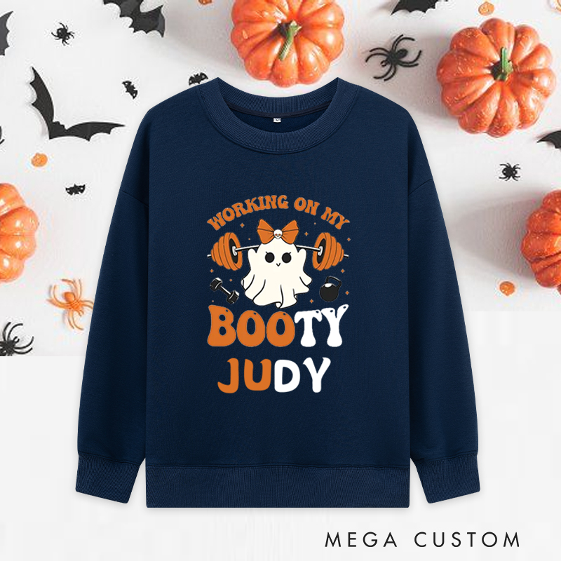 Personalized Halloween Classic Sweatshirts with Ghost Barbell Working on My Booty Sweatshirts Gift for Fitness Enthusiasts Bodybuilders and Gym Lovers