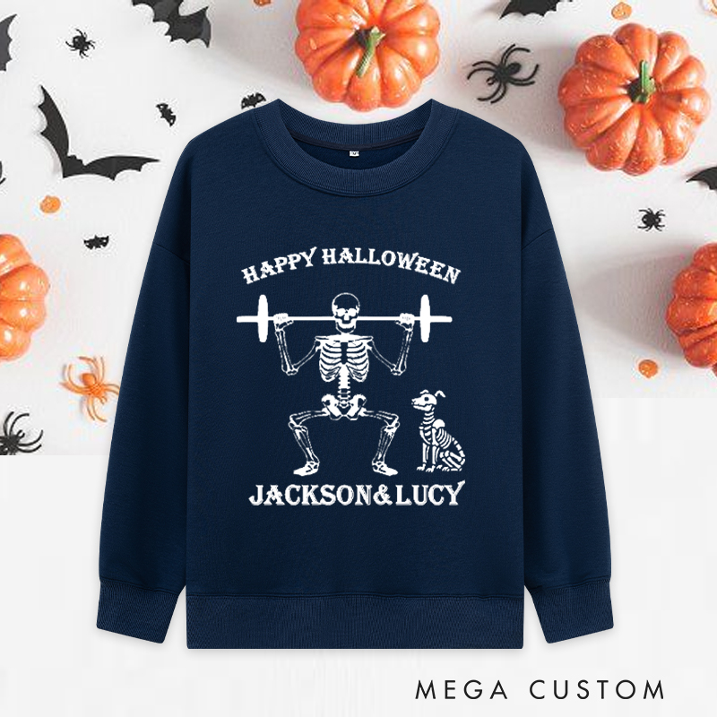 Personalized Halloween Classic Sweatshirts with Skeleton Weightlifting with Dog Sweatshirts Gift for Fitness Enthusiasts Bodybuilders and Gym Lovers