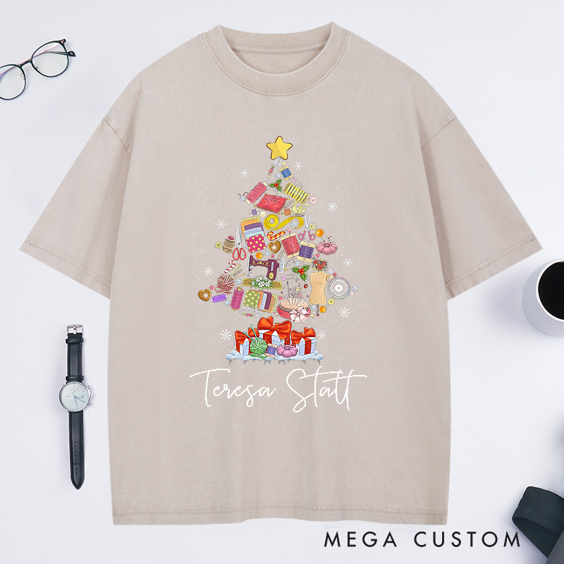 Personalized Sewing Machine Christmas Tree Washed T-Shirts Quilting Shirt Sewing Lover T-Shirt Christmas Tailor Gift Sewing Christmas Shirt