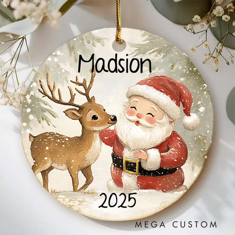Personalized Santa and Rudolph Name Christmas Ornament Woodland Anima Keepsake Ornament