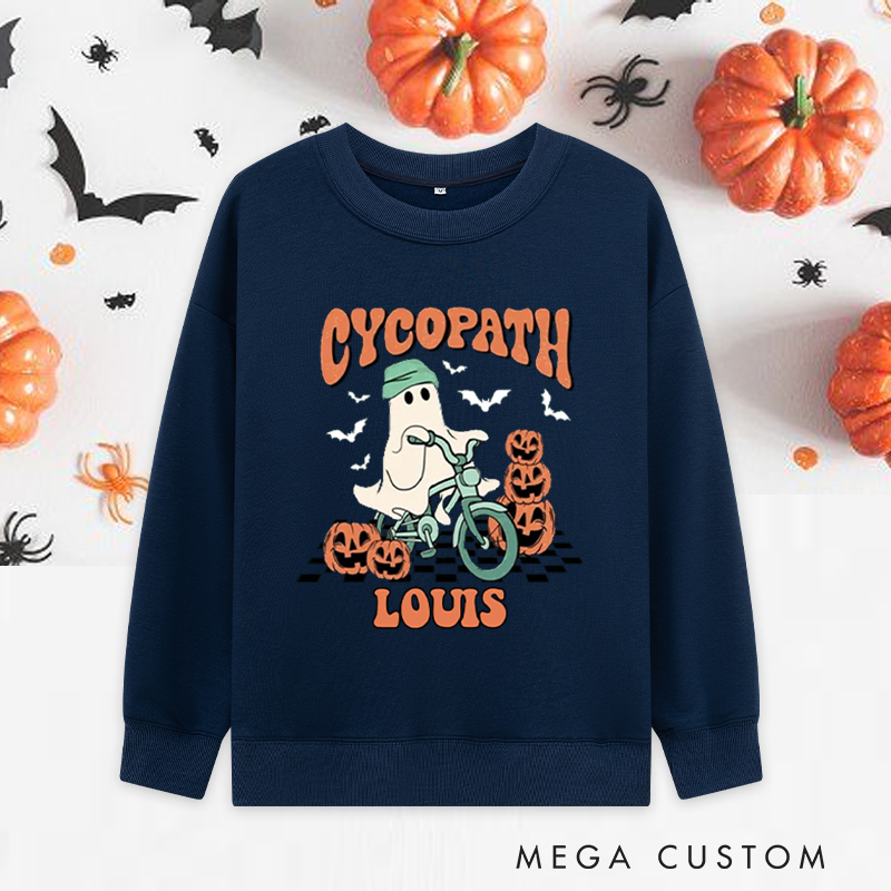 Personalized Halloween Classic Sweatshirts with Ghost Riding Bike with Pumpkins for Fitness Enthusiasts Bodybuilders and Gym Lovers