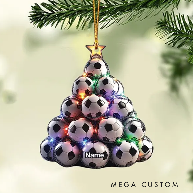 Personalized Soccer Ball Acrylic Christmas Tree Ornament with Custom Name and Festive Lights Design