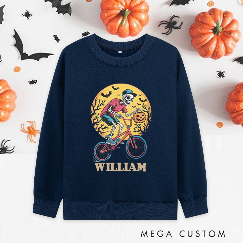 Personalized Halloween Classic Sweatshirts with Skeleton Riding Bike with Pumpkin and Moon for Fitness Enthusiasts Bodybuilders and Gym Lovers