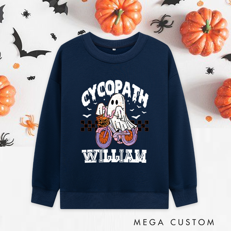 Personalized Halloween Classic Sweatshirts with Ghost Riding Bike with Basket for Fitness Enthusiasts Bodybuilders and Gym Lovers