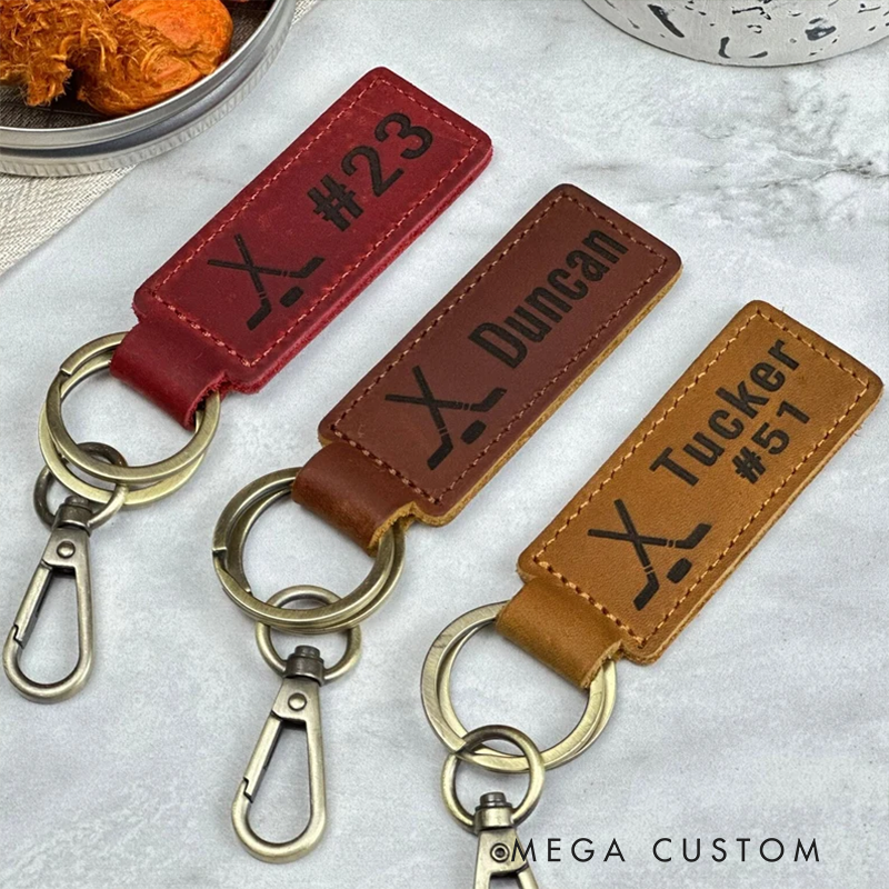 Personalized Leather Hockey Keychain with Custom Name and Number