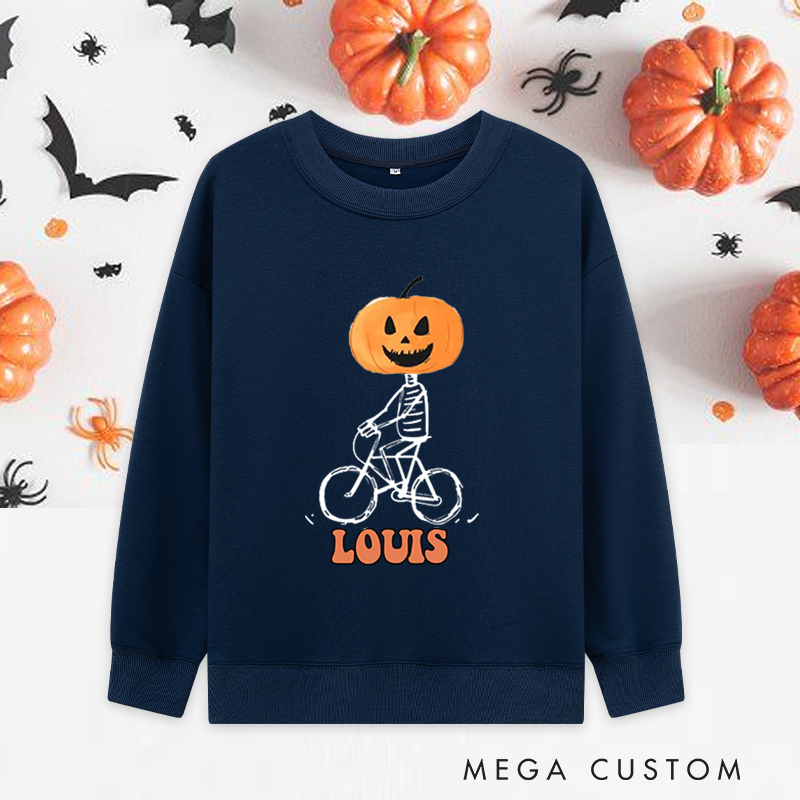 Personalized Halloween Classic Sweatshirts with Pumpkin Head Skeleton Riding Bike for Fitness Enthusiasts Bodybuilders and Gym Lovers