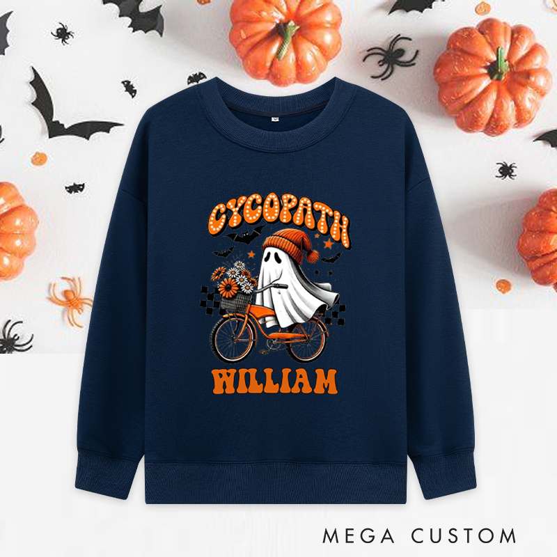Personalized Halloween Classic Sweatshirts with Ghost Riding Bike with Flowers for Fitness Enthusiasts Bodybuilders and Gym Lovers